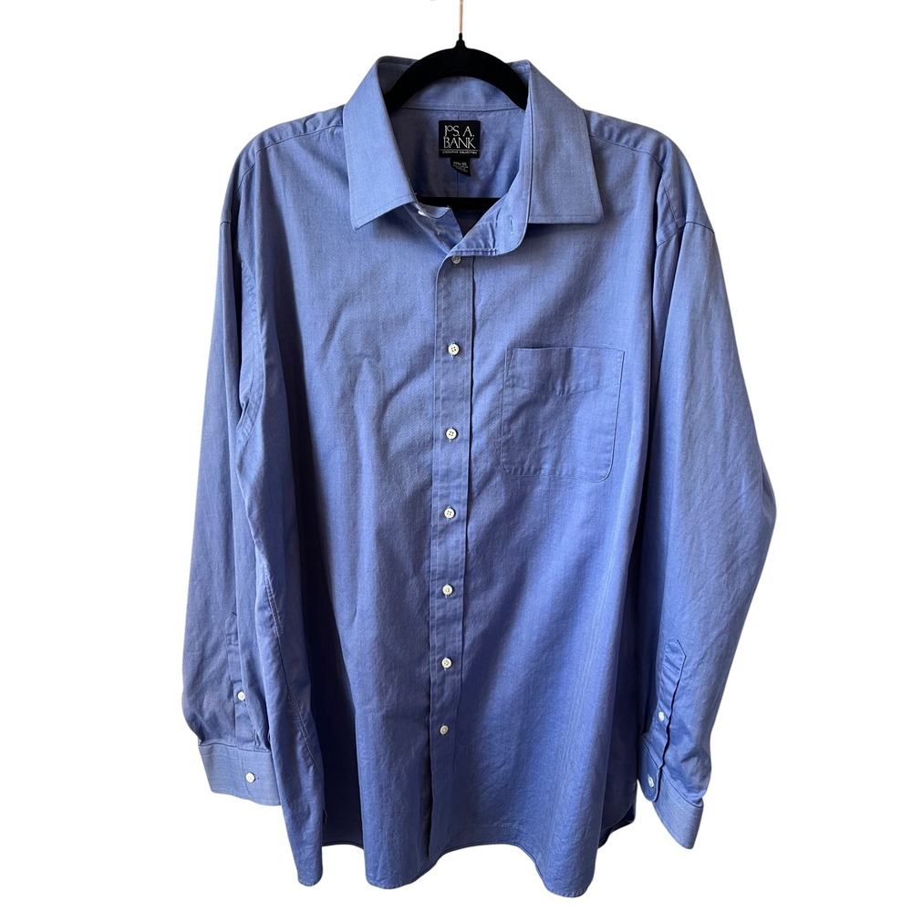 Jos. A Bank Executive Cotton Dress Shirt Blue Herringbone Button Down 17.5 35